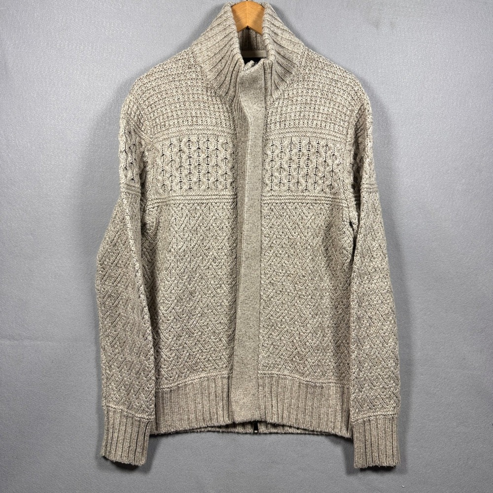 Banana Republic Mens Wool Silk Blend Full Zip Cable Knit Cardigan Sweater Beige